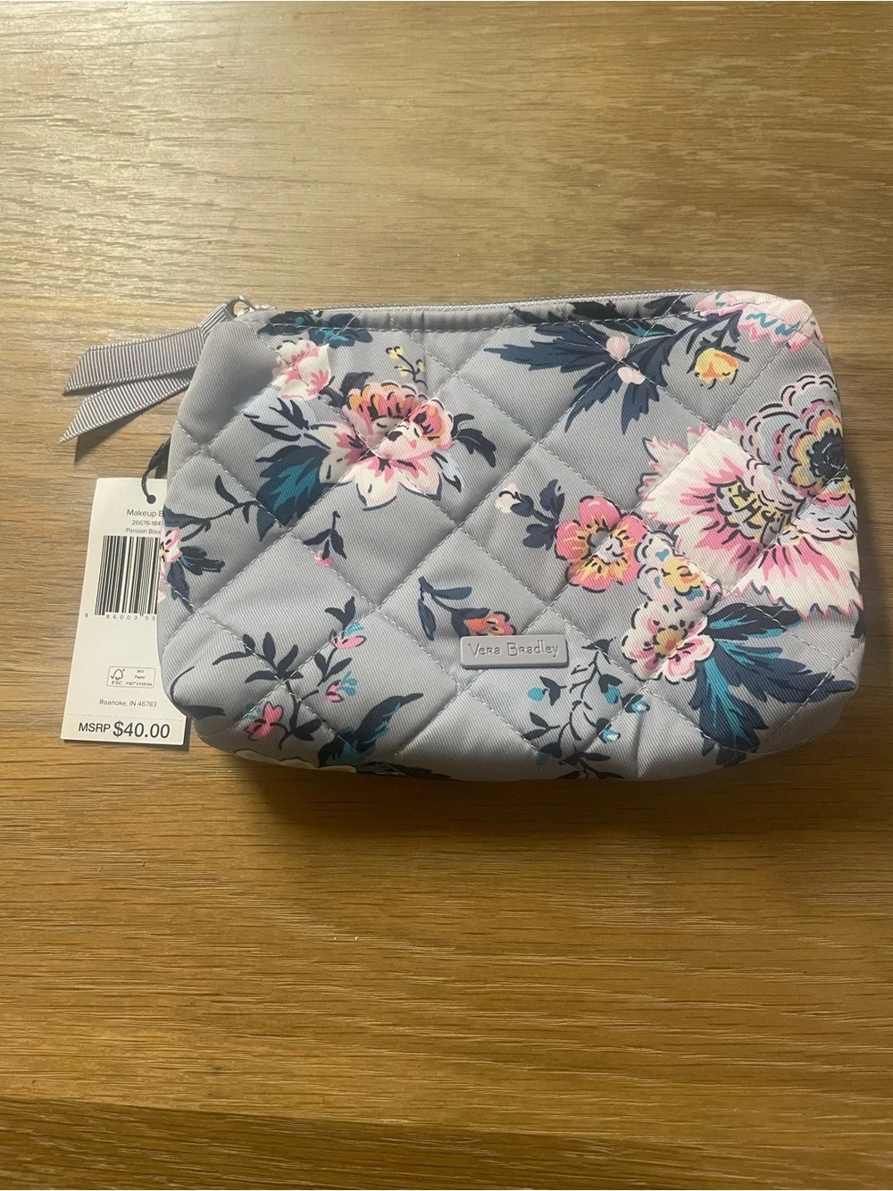 Vera Bradley Quilted Floral Cosmetic Pouch - Light Gray with Pink Accents